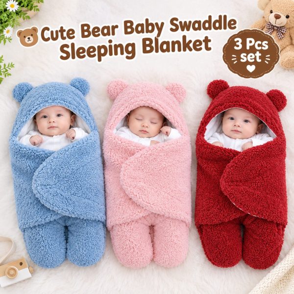 3 Pcs Cute Bear Baby Swaddle Winter Blanket – Soft Plush Hooded Sleeping & Receiving Blanket for Newborn Boys and Girls (3 Pcs)