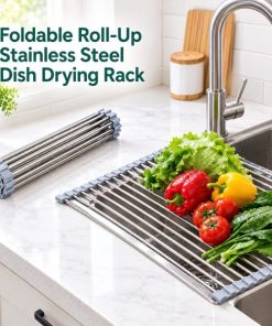 Foldable Roll-Up Stainless Steel Dish Drying Rack – 12-Rod Over-the-Sink Drainer for Plates, Bowls, Cups, Utensils, Fruits & Vegetables (37 × 24 cm)