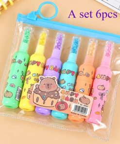 6 Pcs Capybara Ballpoint Pen Set – Cute Colorful Highlighter, Marker & Drawing Pens for Kids, School & Stationery