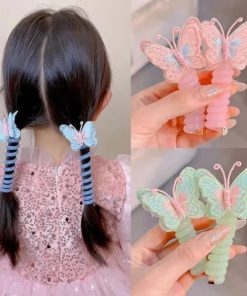 3 Pcs Butterfly Telephone Cord Hair Ties – Soft Spiral Elastic Ponytail Holders with Cute Embroidered Butterfly Design, No-Crease & Flexible Hair Accessories (3 Pcs)