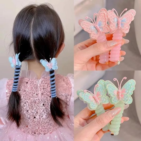 3 Pcs Butterfly Telephone Cord Hair Ties – Soft Spiral Elastic Ponytail Holders with Cute Embroidered Butterfly Design, No-Crease & Flexible Hair Accessories (3 Pcs)