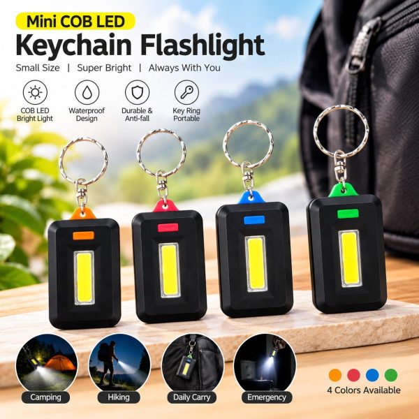 Mini COB LED Keychain Flashlight – 3-Mode Waterproof Portable Torch Light with Key Ring for Camping, Hiking & Emergency Use