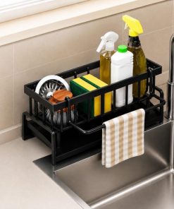 Multifunctional Kitchen Sink Organizer Rack – Compact PVC Faucet Shelf with Sponge Holder Dish Brush Storage Soap Dispenser Holder & Self-Draining Tray