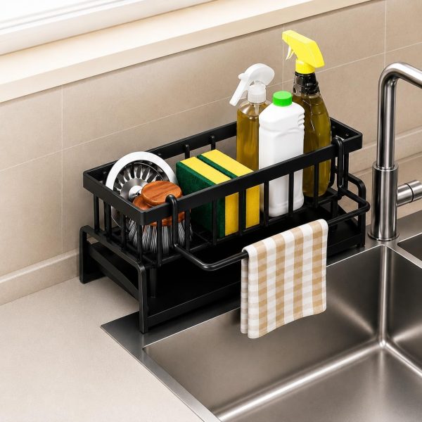Multifunctional Kitchen Sink Organizer Rack – Compact PVC Faucet Shelf with Sponge Holder Dish Brush Storage Soap Dispenser Holder & Self-Draining Tray